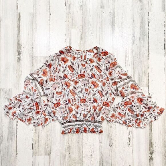 MISA Annabelle Smocked Sheer Ruffle 3/4 Sleeve Blouse Size M - Picture 2 of 6